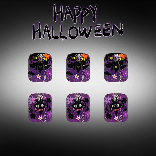 Spooky Halloween Short Square Purple with Halloween-Themed Design Press On Toenail Set