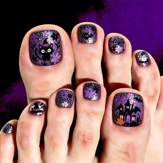 Spooky Charm Short Square Purple Glitter Press On Toenail Set with Halloween Designs