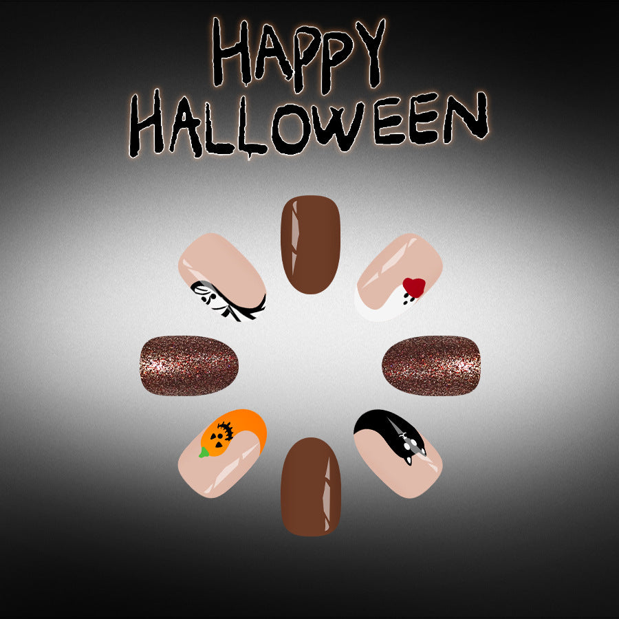Spooky Season Medium Oval Brown with Unique Halloween Nail Art