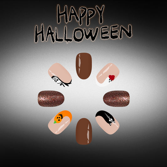 Spooky Season Medium Oval Brown with Unique Halloween Nail Art