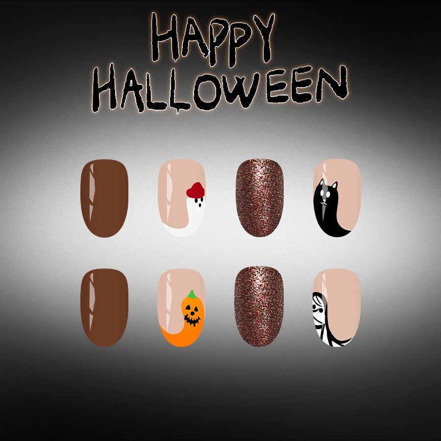 Spooky Short Round Brown Halloween Nail Set with Glitter Accents