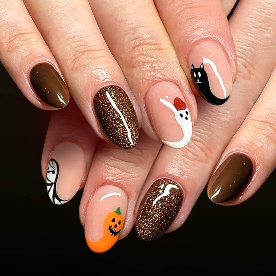 Spooky Autumn Medium Oval Brown with Glitter and Ghosts Nail Press Set