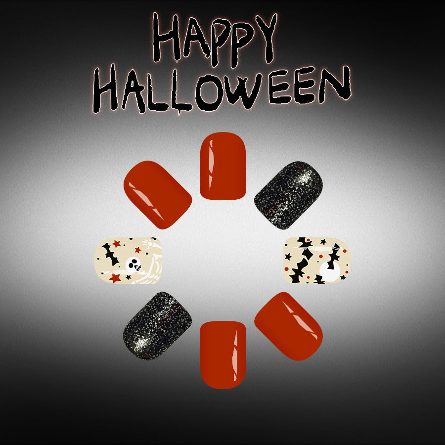 Spooky Short Square Orange and Black Glitter Nail Set
