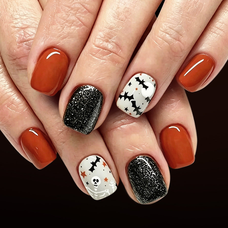 Spooky Halloween Short Square Orange and Black Glitter Press-On Nail Set