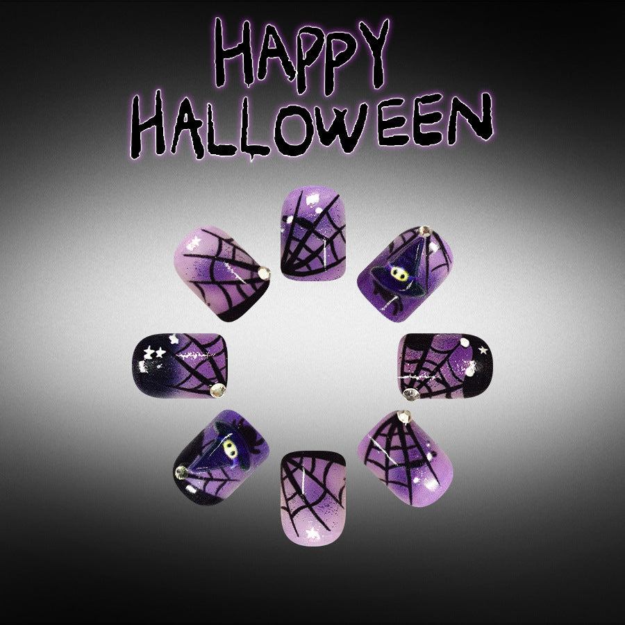Spooky Vibes Short Square Purple with Glittering Spider Web Design Press On Nail Set