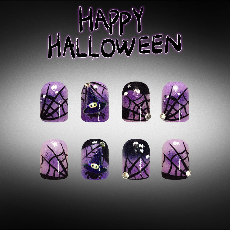 Spooky Halloween Short Square Purple Nails with Glittering Spider Web Design