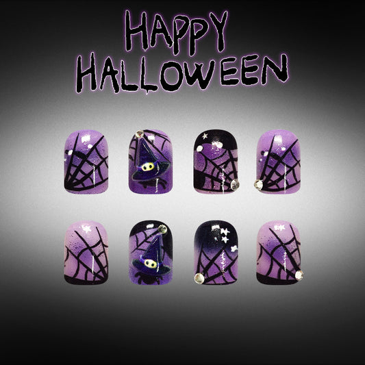 Spooky Halloween Short Square Purple Nails with Glittering Spider Web Design