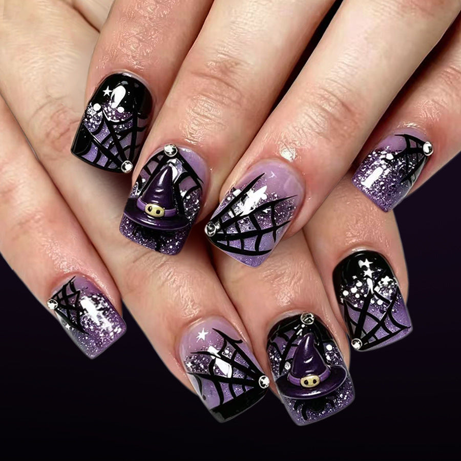 Spooky Charm Short Square Purple Press On Nail Set with Glitter and Spiderweb Design
