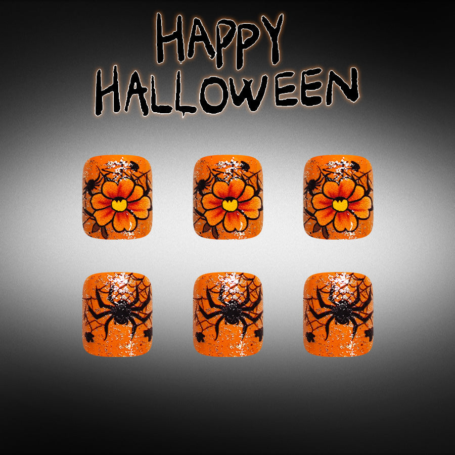 Spooky Halloween Short Square Orange Floral Design Press On Toenail Set