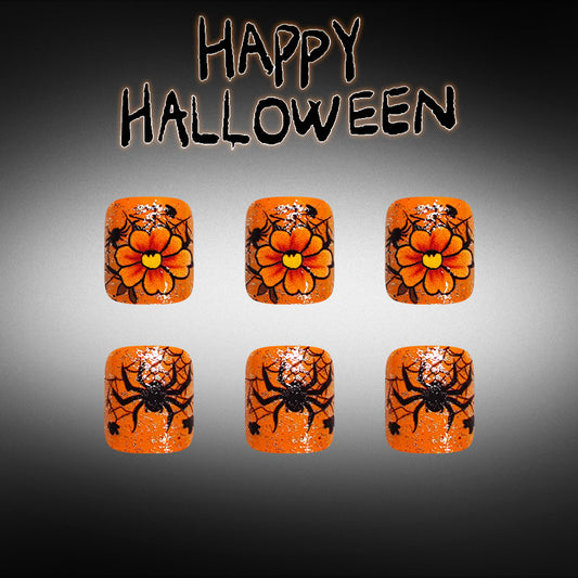Spooky Halloween Short Square Orange Floral Design Press On Toenail Set