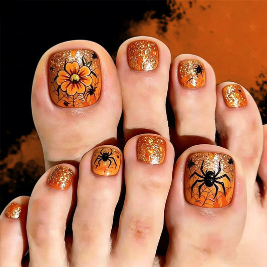 Spooky Autumn Vibes Short Square Orange Glitter Press On Toenail Set with Intricate Spider Design