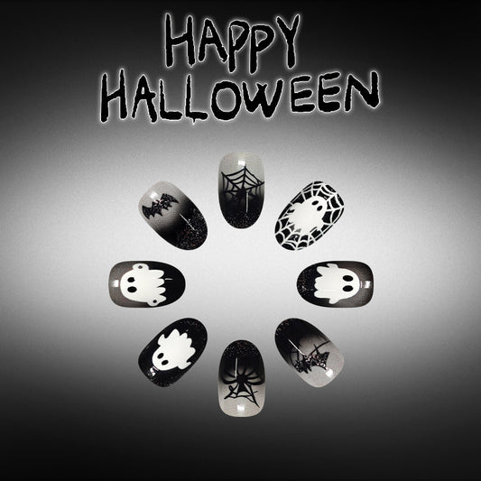 Spooky Halloween Medium Oval Black Glow in the Dark Press on Nail Set