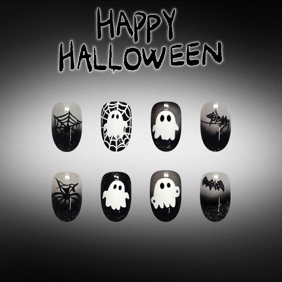Spooky Halloween Short Almond Black and White Ghost Nail Set