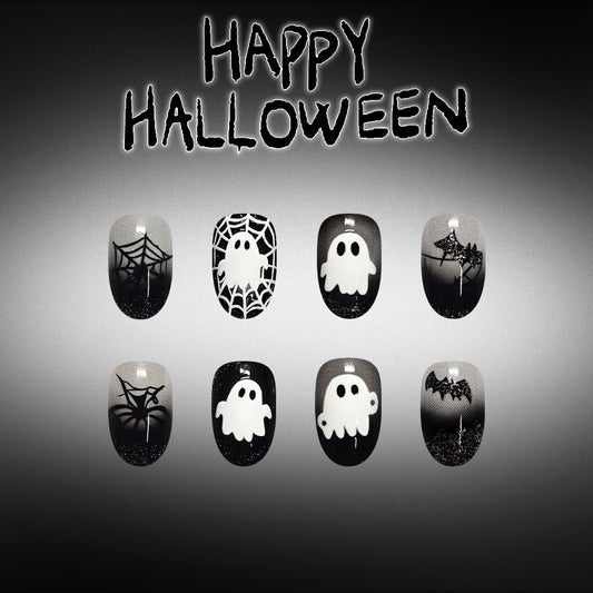 Spooky Halloween Short Almond Black and White Ghost Nail Set