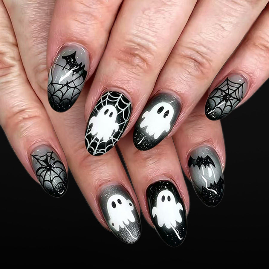 Spooktacular Short Almond Black and White Ghost Nail Set