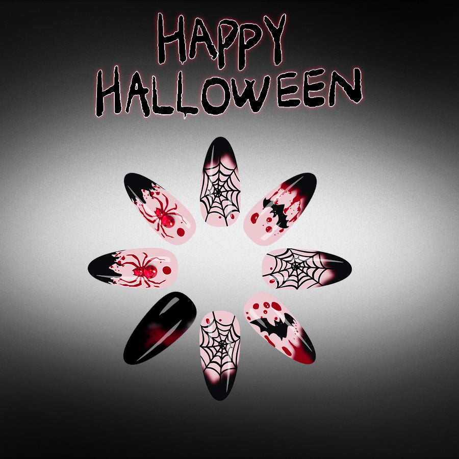 Spooky Halloween Medium Almond Black and Red Spider Web Press On Nail Set
