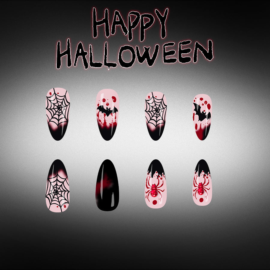 Hauntingly Elegant Medium Almond Black and Pink Spider Web Press On Nail Set
