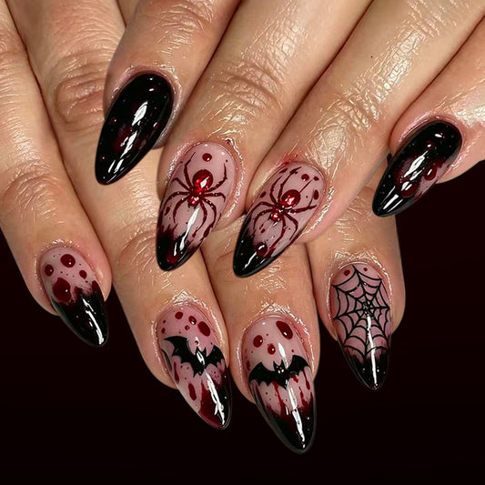 Spooky Vibes Medium Almond Black and Red Spider and Blood Design Press on Nail Set