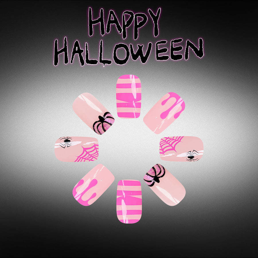 Spooky Pink Long Square Press on Nail Set with Eye-Catching Halloween Designs
