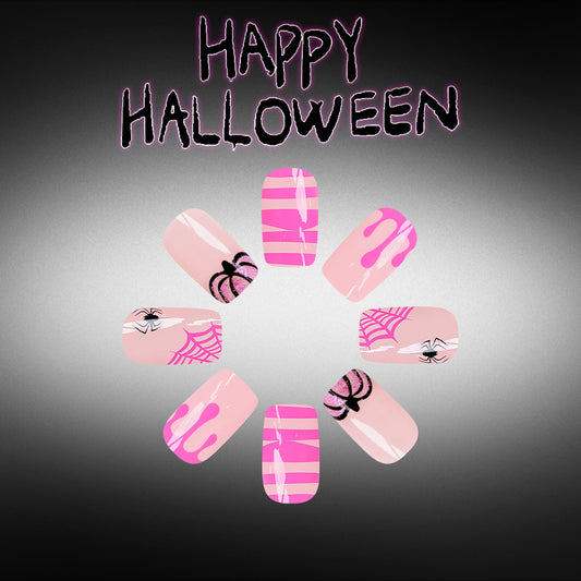 Spooky Pink Long Square Press on Nail Set with Eye-Catching Halloween Designs
