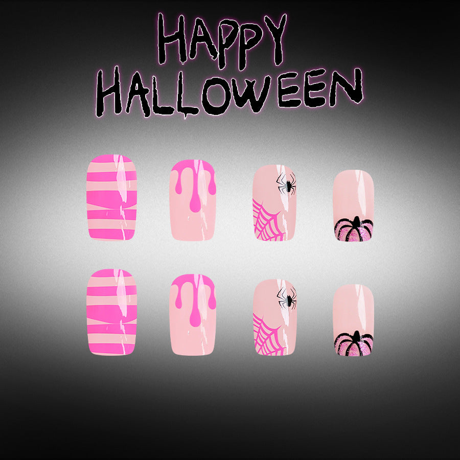 Spooky Halloween Short Square Pink Glitter Drip Press On Nail Set