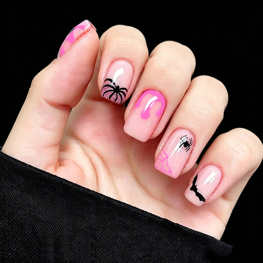 Spooky Vibes Long Square Pink with Spider and Dripping Design Press On Nail Set