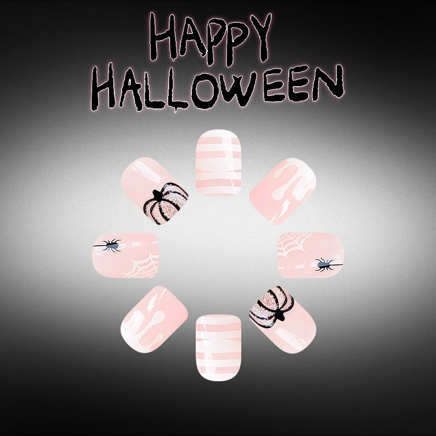 Spooky Glam Short Square Pink with Spider Web Design Press On Nail Set