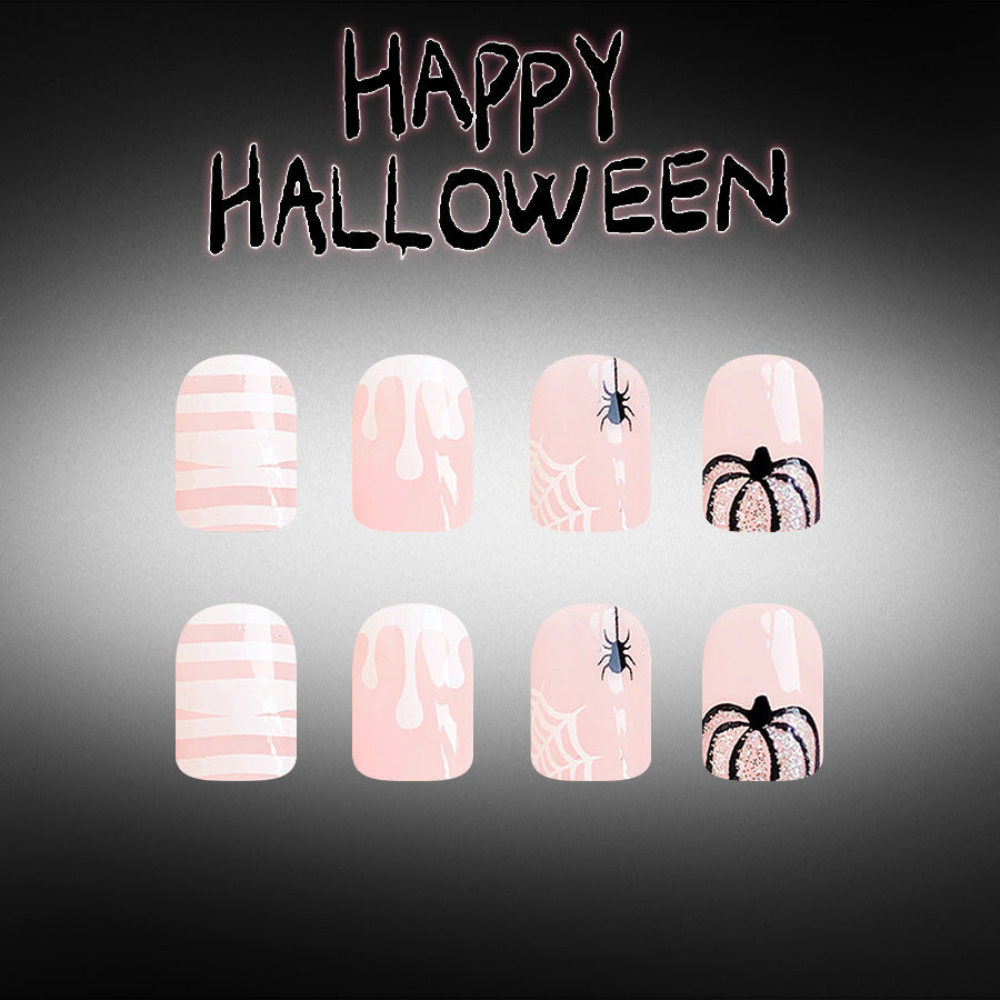 Spooktacular Short Square Pink Nails with Halloween Themed Designs