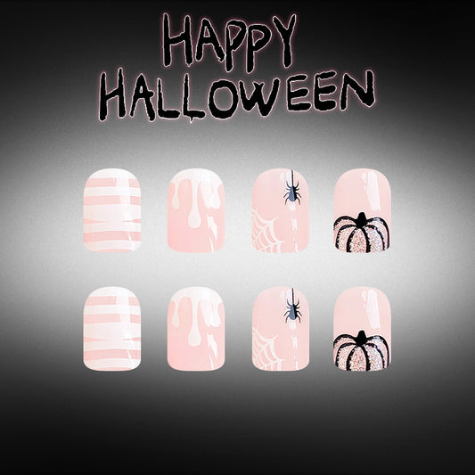 Spooktacular Short Square Pink Nails with Halloween Themed Designs