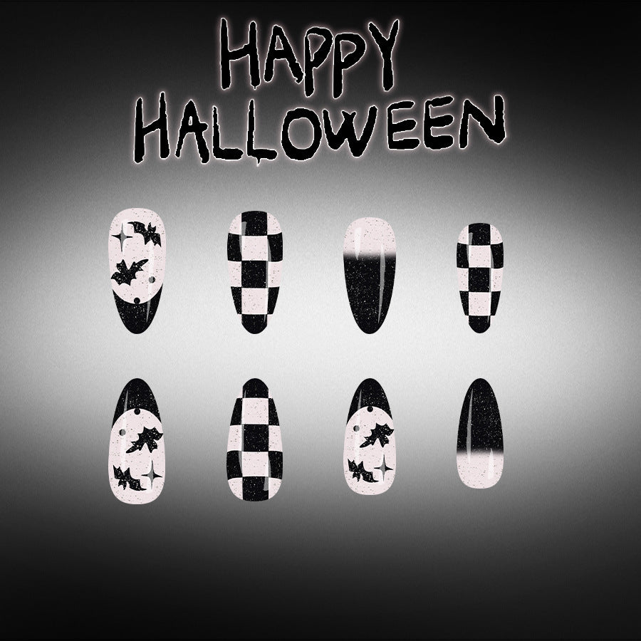 Spooky Halloween Long Almond Black and Pink Bat Print Press On Nail Set