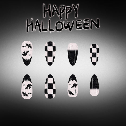 Spooky Halloween Long Almond Black and Pink Bat Print Press On Nail Set