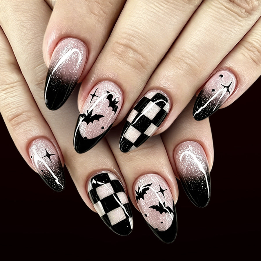 Spooky Elegance Medium Almond Black and Pink Ombre Bat Nail Set
