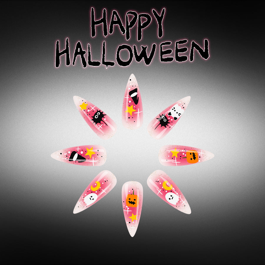 Spooky Halloween Medium Almond Pink Glitter Press On Nail Set with Fun Halloween Characters