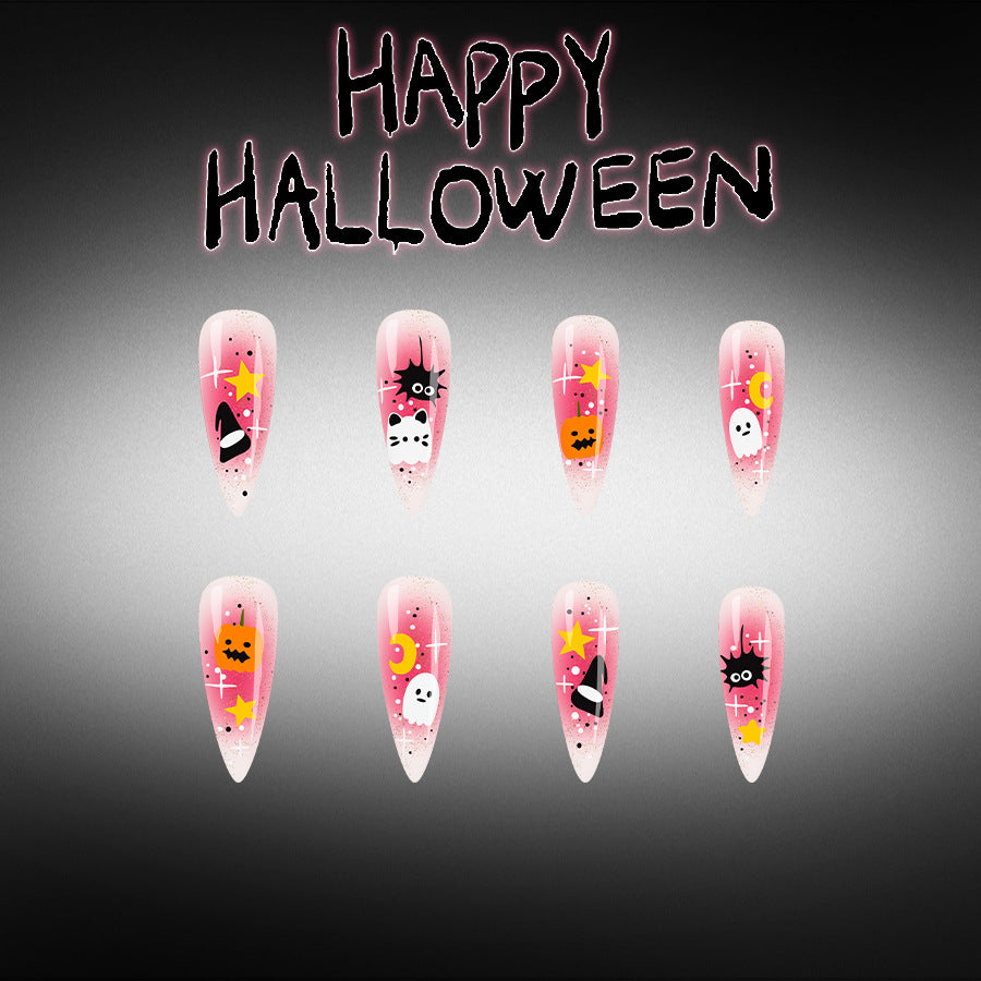 Spooky Stiletto Long Pink Nail Set with Halloween Designs