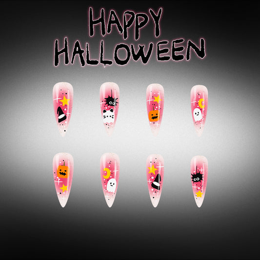 Spooky Stiletto Long Pink Nail Set with Halloween Designs