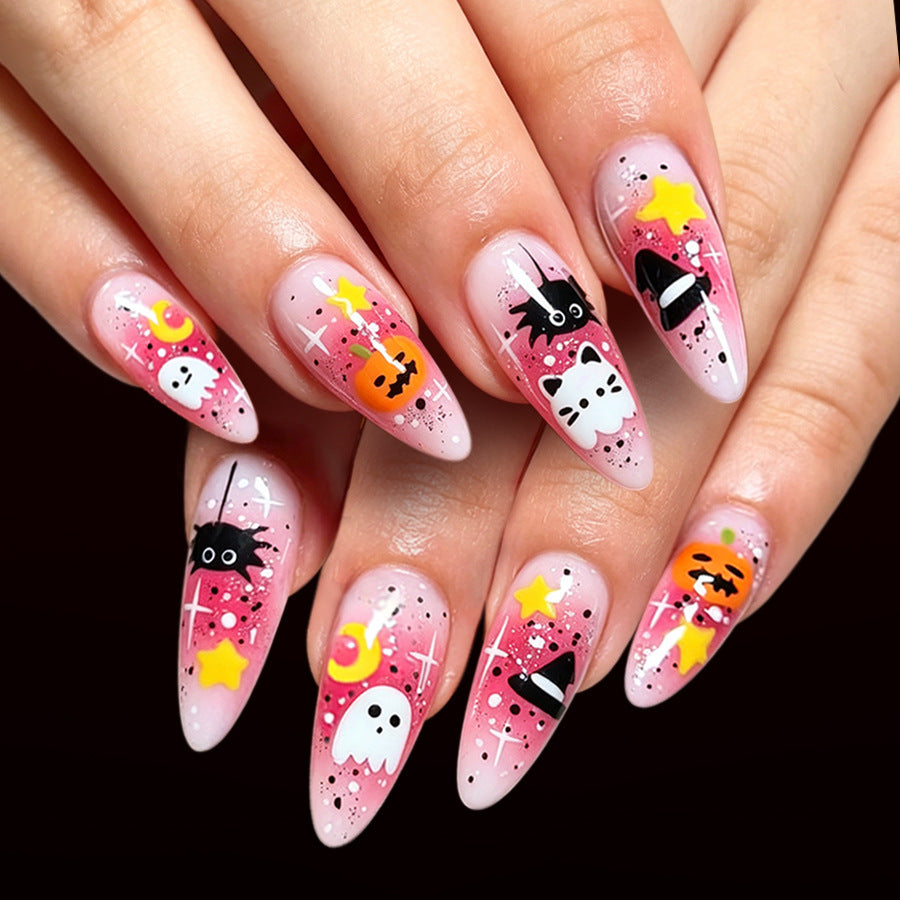 Spooky Halloween Medium Almond Pink Press On Nail Set with Glitter and Unique Halloween Designs