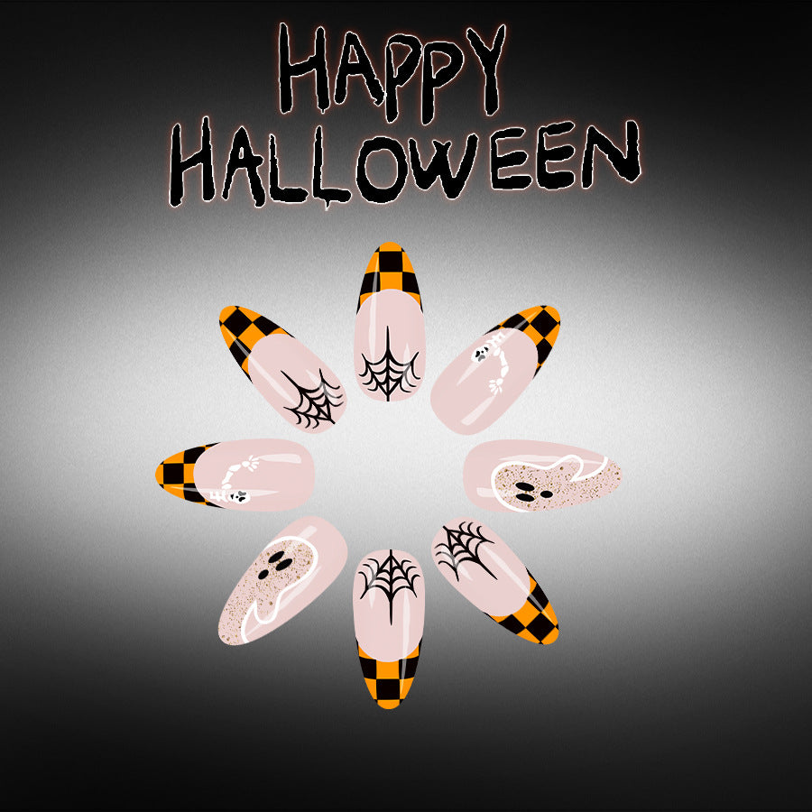 Spooky Halloween Medium Almond Orange and Black Plaid Nail Set