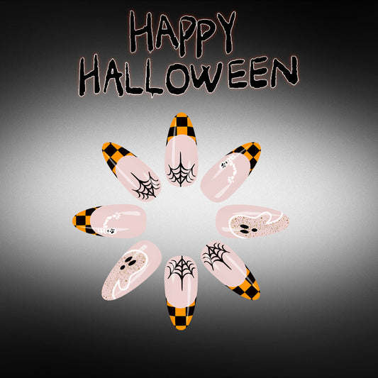 Spooky Halloween Medium Almond Orange and Black Plaid Nail Set