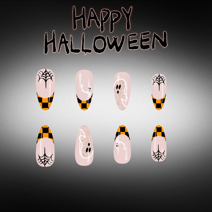 Spooky Medium Almond Orange and Black Halloween Nail Set with Fun Designs