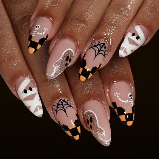 Spooky Vibes Medium Almond Orange and Black Halloween Themed Nail Set