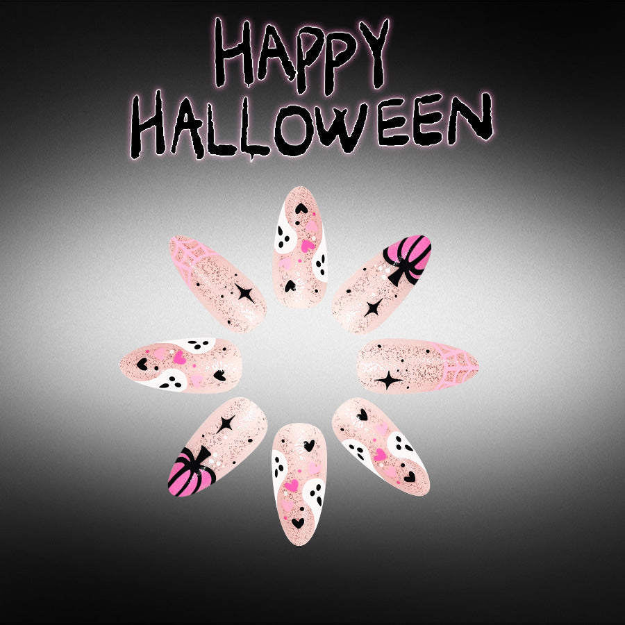 Spooky Halloween Medium Almond Pink with Ghost and Spider Design Nail Set