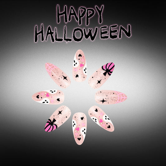 Spooky Halloween Medium Almond Pink with Ghost and Spider Design Nail Set