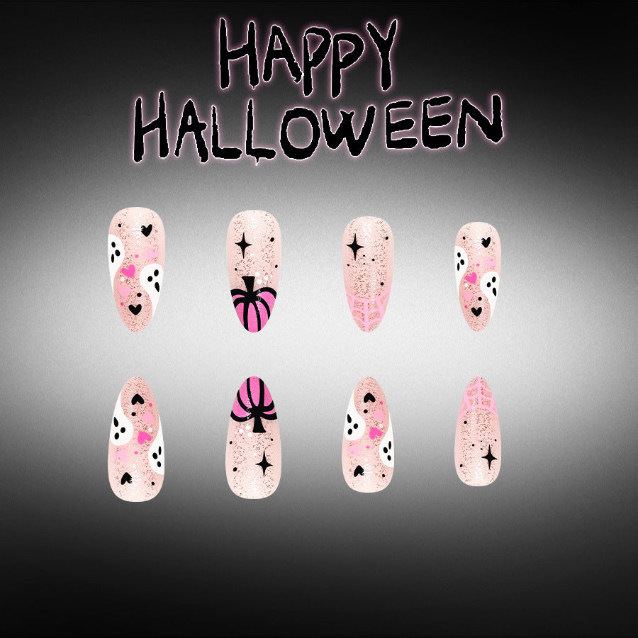 Spooky Halloween Medium Almond Pink Glitter with Ghost Design Press on Nail Set
