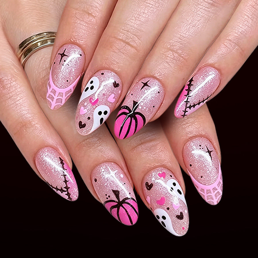 Spooky Glam Medium Almond Pink Glitter Nails with Fun Halloween Designs