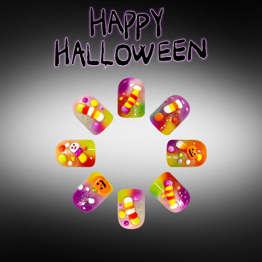 Halloween Themed Short Square Colorful Candy Press On Nail Set with Glitter