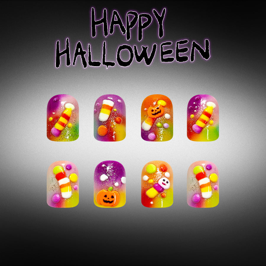 Spooky Halloween Short Square Purple Gradient With Fun Halloween Characters Press On Nail Set