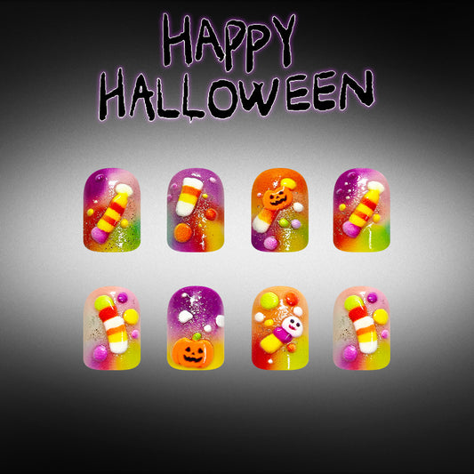 Spooky Halloween Short Square Purple Gradient With Fun Halloween Characters Press On Nail Set