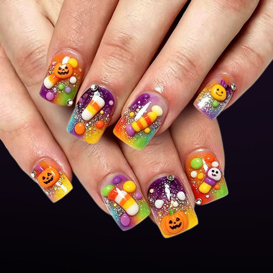 Spooktacular Short Square Multicolor Ombre Press On Nail Set with Festive Decorations