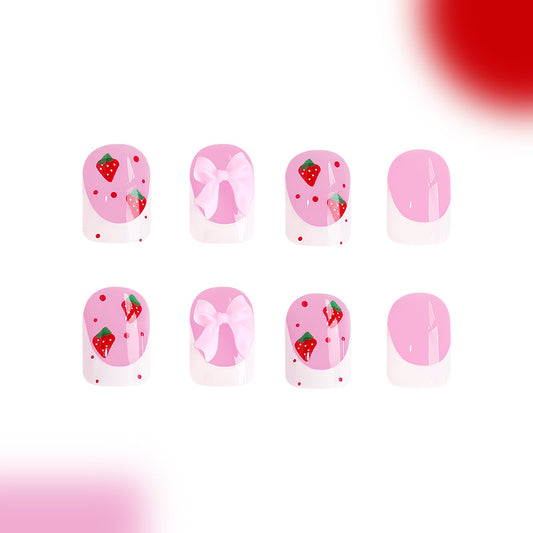 Sweet Strawberry Delight Pink Short Square Press-On Nail Set with Cute Bow and Fruit Design