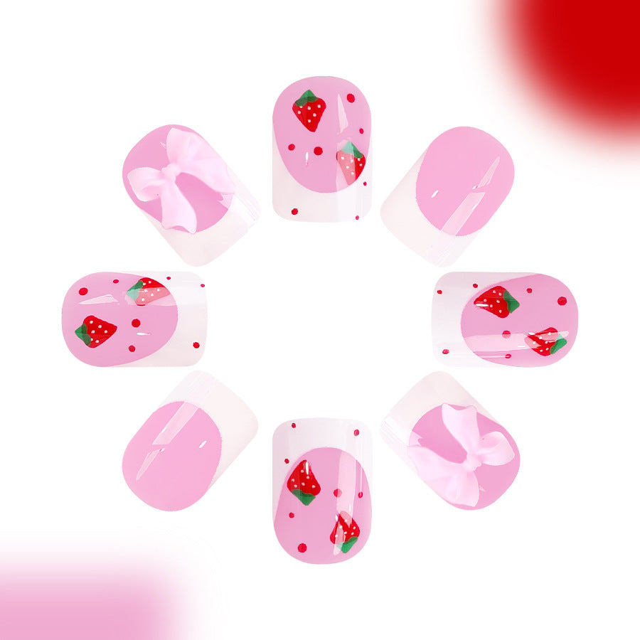 Sweet Strawberry Delight Short Square Pink Press On Nail Set with Charming Bow and Fruity Accents